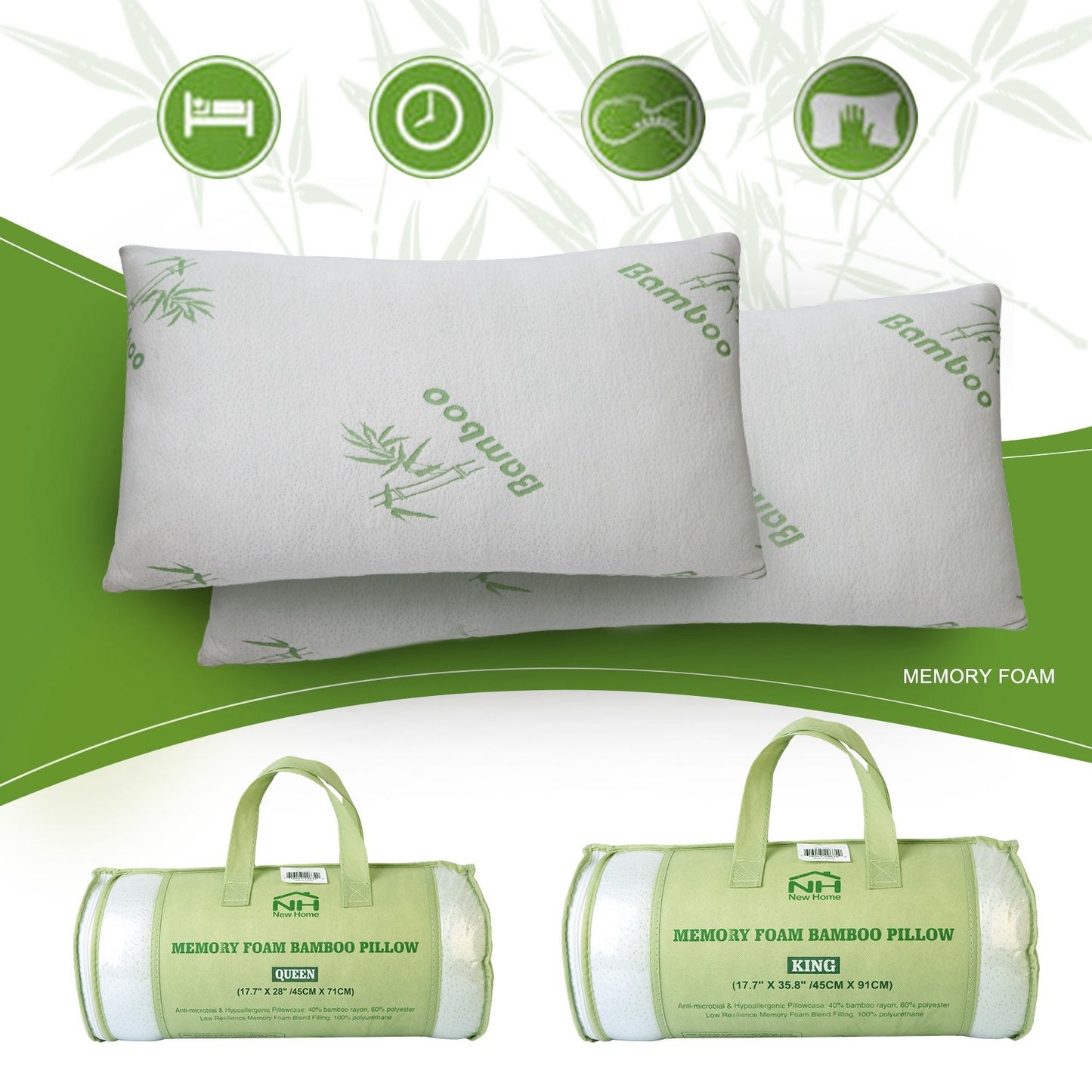 US Local Bamboo Memory Foam Pillow With Washable Pillowcase