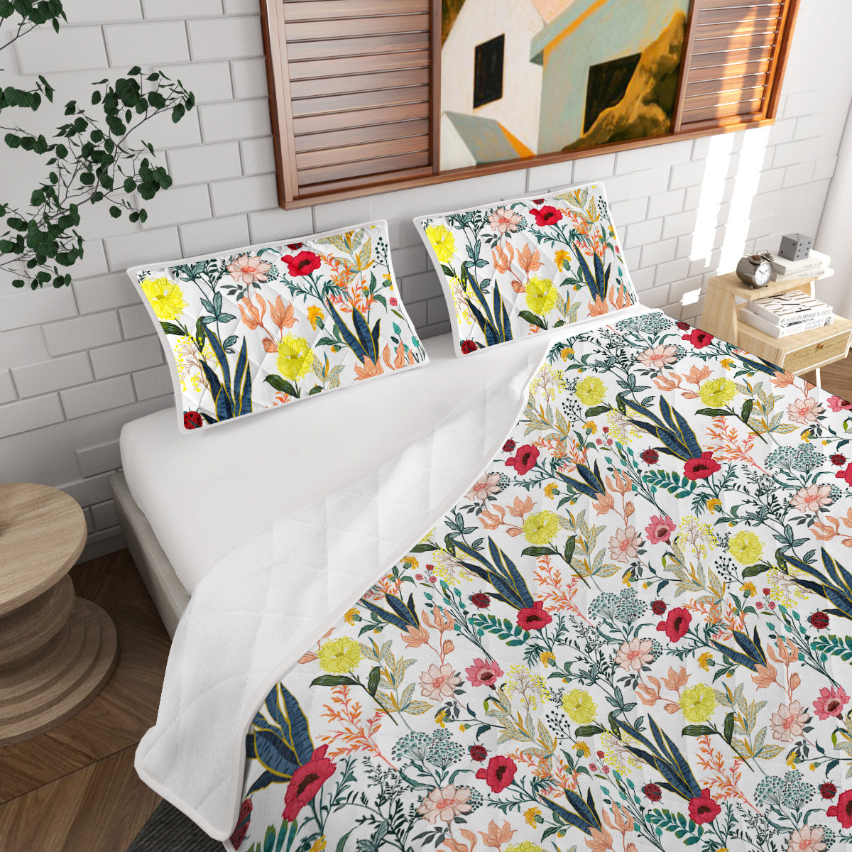 US Local Floral Quilt 3 Pieces Microfiber Quilt Sets Lightweight Bedspreads Botanical Coverlets Quilt Bedding Set All Season Quilts