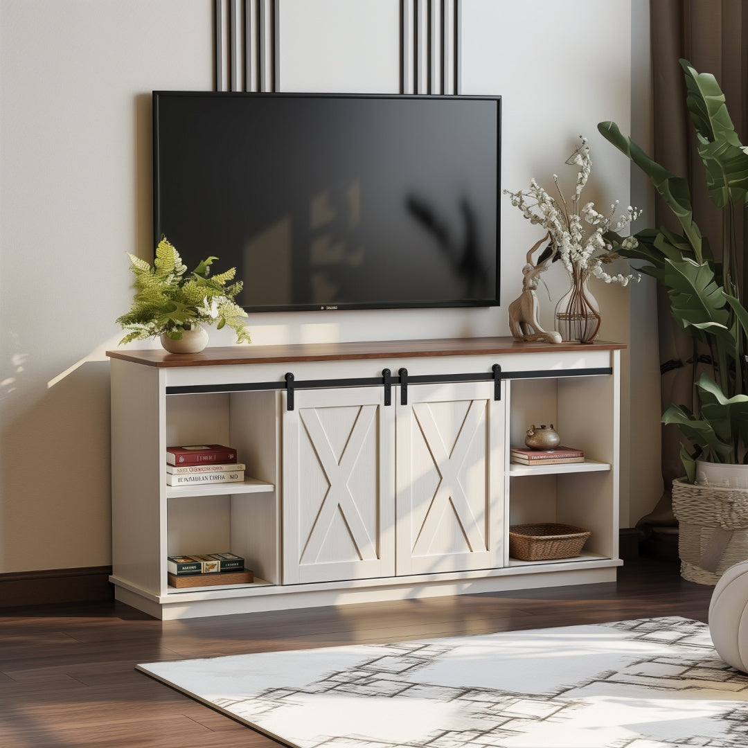 US Local 65-inch Solid Wood TV Cabinet With Double-layer Storage Space Sliding Door, Modern Living Room Furniture