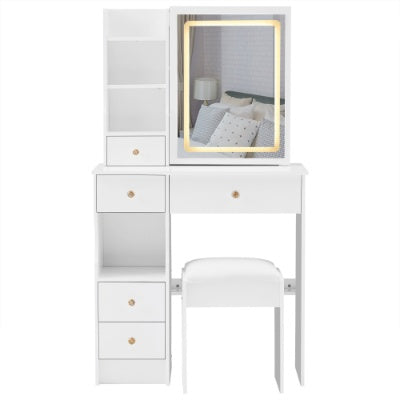 US Local 29.2 Small Size Left Drawer Desktop Vanity Table Cushioned Stool, Large Sliding, Touch Control, Tri-color Switching, Brightness Adjust LED Mirror, High Capacity Storage, Suitable For Small Space