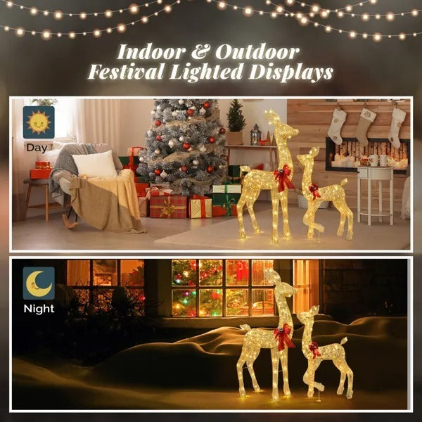 2-Piece Lighted Christmas Deer Family, Outdoor Yard Decoration Set With 210 LEDs Warm White Light, Gold