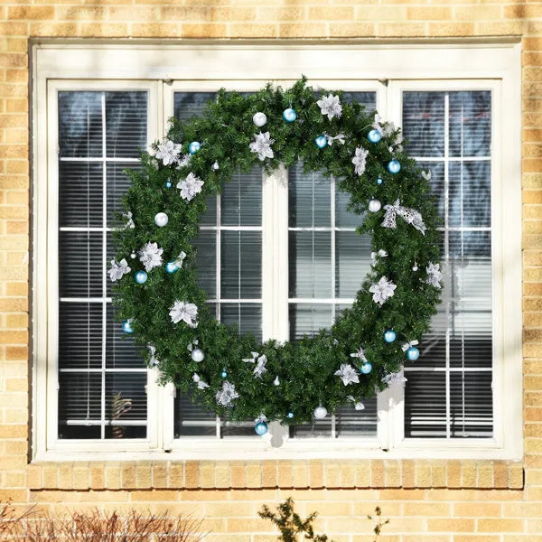 US Local 60in Pre-lit Christmas Wreath, Lighted Artificial Xmas Wreath With 220 Cold & Warm White Lights And 600 PVC Tips And DIY Ornaments, For Front Door Gate Wall Xmas Party Decorations, Light Green