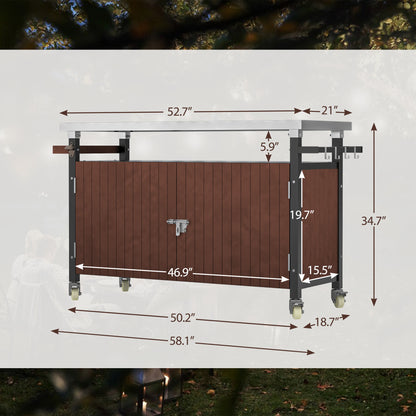 US Local Outdoor Grill Cart With Stainless Steel Tabletop, Storage, Patio Kitchen Island With Wheels, Hooks, And Spice Rack, Waterproof Outdoor Grill Table, Movable BBQ Serving Cart Rolling Bar Cart