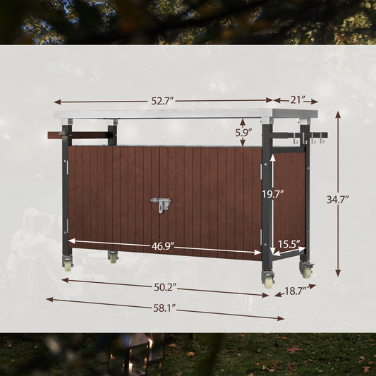US Local Outdoor Grill Cart With Stainless Steel Tabletop, Storage, Patio Kitchen Island With Wheels, Hooks, And Spice Rack, Waterproof Outdoor Grill Table, Movable BBQ Serving Cart Rolling Bar Cart