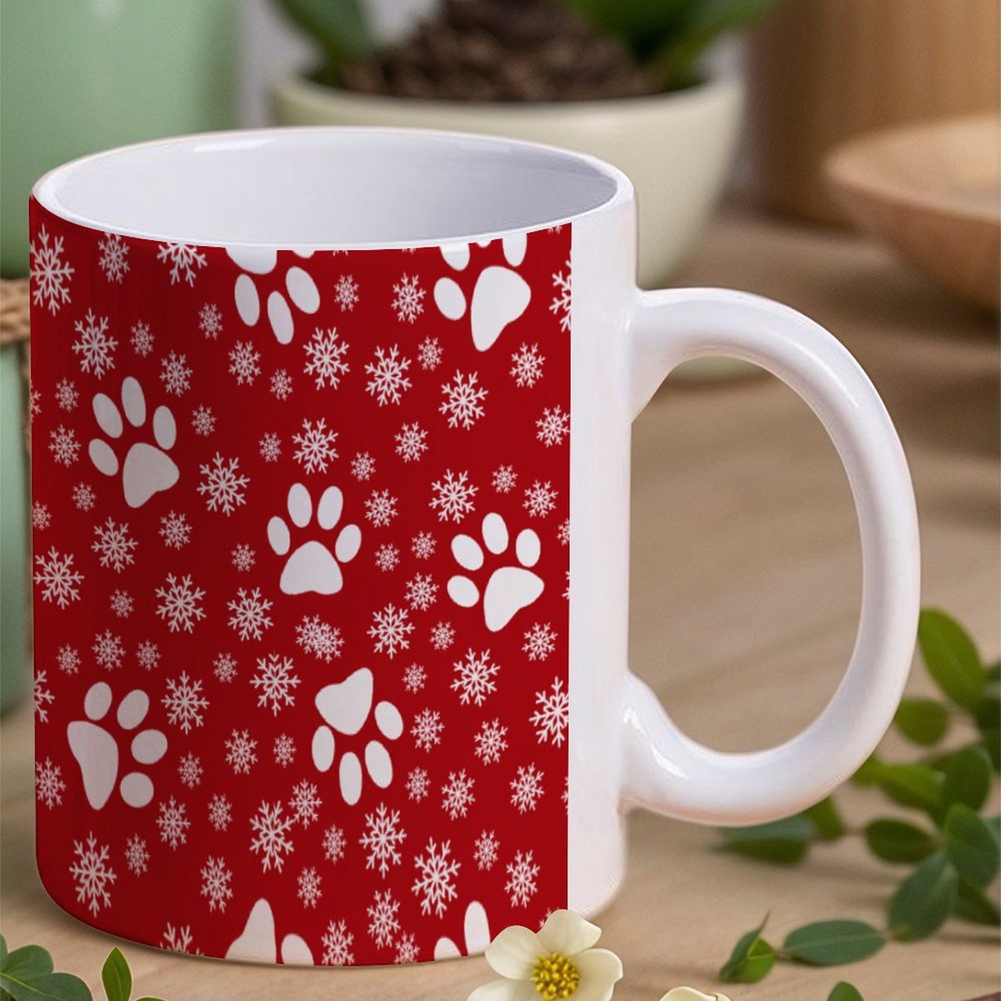 POD US Local White mug with full print, Christmas Snowflakes Cats Dogs Paws Red 0067