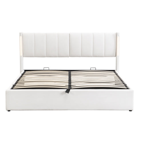 UK Local LED Upholstered Bed ,King Size Bed-5ft150x200cm, Hydraulic Bed, Rechargeable USB Port In Bed, With LED Lighting, With Storage Space, Adjustable Headboard, PU , White
