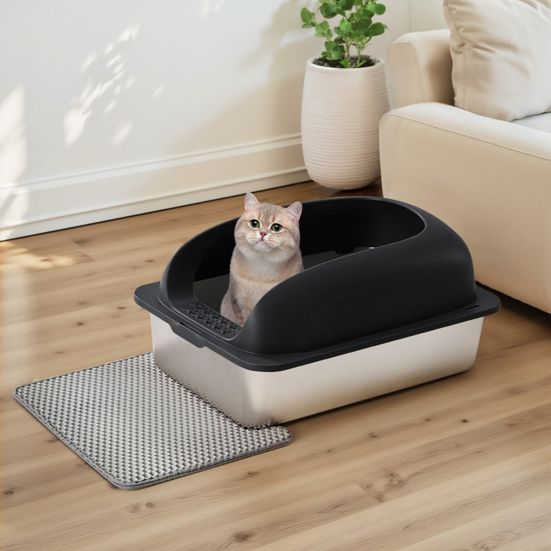 US Local Stainless Steel Cat Litter Box With Lid, Large Cat Litter Box For Big Cats, Scoop And Mat Included