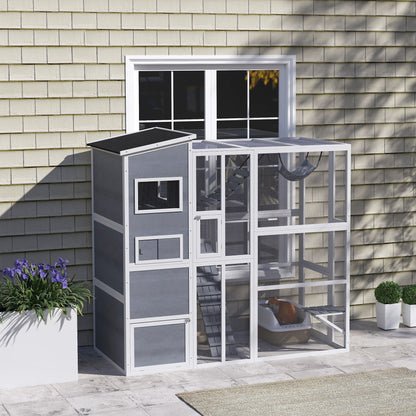 US Local Large Wooden Outdoor, Cat Enclosure W 4 Tier Resting Rooms, 3 Platforms, 1 Soft Ladder, 2 Ramps, 1 Hammock, Gray