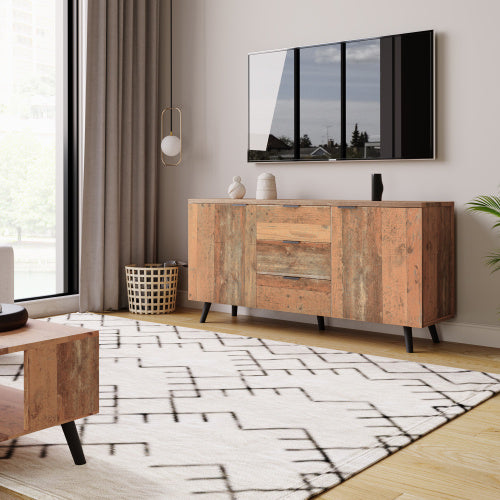 UK Local Sideboard Storage Cupboard Kitchen Buffet Sideboard TV Cabinet With Adjustable Shelves Dresser Vertical Cabinet Three Drawers For Living Room Dining Room Bedroom Vintage Brown 140cm
