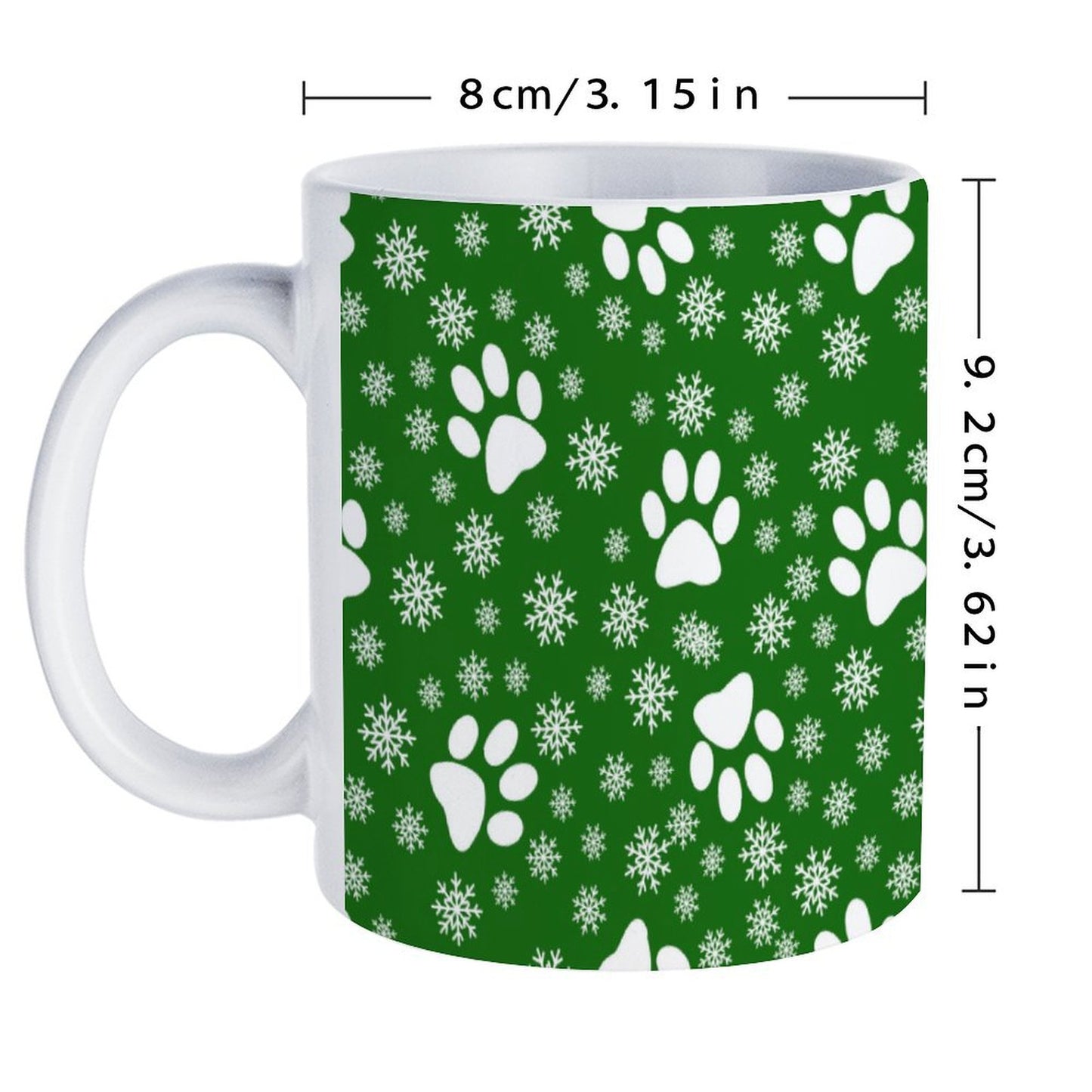 POD US Local White mug with full print, Christmas Snowflakes Cats Dogs Paws Green 0028