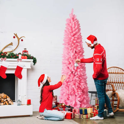 US Local 7.5 FT Hinged Christmas Tree, Artificial Pencil Christmas Tree, Unlit Artificial Christmas Pine Tree With 1075 Branch Tips And Sturdy Stand, Pink
