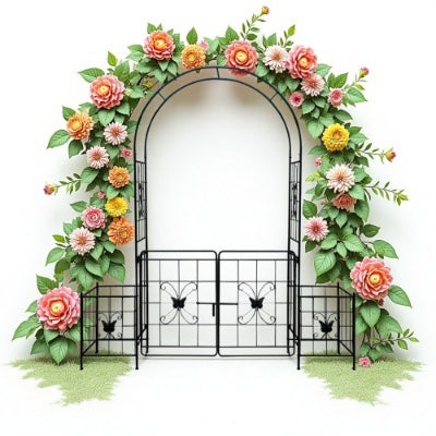 US Local Garden Arch Arbor Trellis For Climbing Plants With Gate, Durable Metal Garden Arch Outdoor Wedding Arch, For Wedding Ceremony Party Plant Climbing Rose Vines Lawn Courtyard Patio Black, 7.15ft