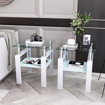 US Local 2-Pc Modern Tempered Glass Coffee Tea End Tables For Living Room