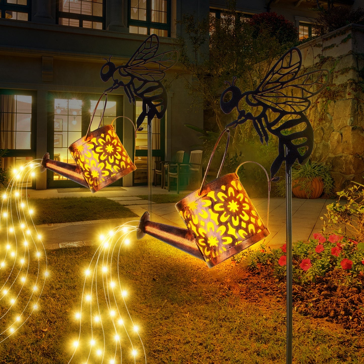US Local Solar Garden Lights Outdoor Decoration,Flower-shaped Lights Metal Solar Watering Can Lights Outdoor Waterproof, Small Patio Light Yard Lawn Pathway Decor, Gardening Gifts Solar Lantern Out