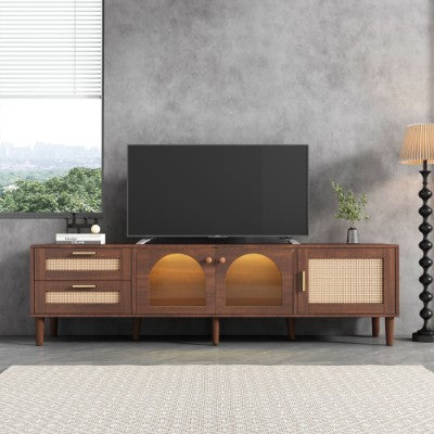 UK Local 180 Cm Brown TV Cabinet For 80-inch TV - With 2 Rattan Drawers, 2 Curved Glass Doors And 1 Rattan Door, LED Lighting, Offers Stylish Storage, TV Board