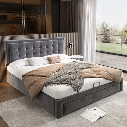 UK Local Upholstered Bed,Double Bed-4ft6 135x190cm, Velvet Fabric, Double Bed, Large Storage Space,With Slats And Headboard,Without Mattress,Grey