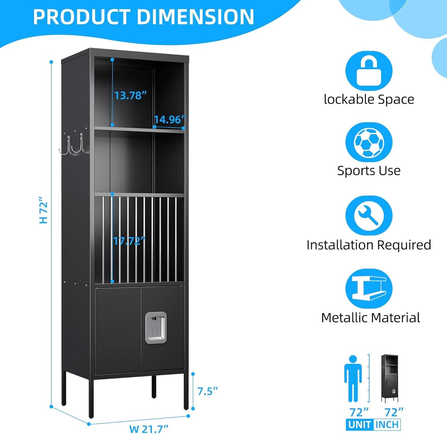 US Local Metal Sports Fence Locker Is Suitable For School,Storage Locker With Hooks & Lock Door,Storage Sports Equipment For Gym, Ball Park,Stadium,Garage,Assembly Required,Black