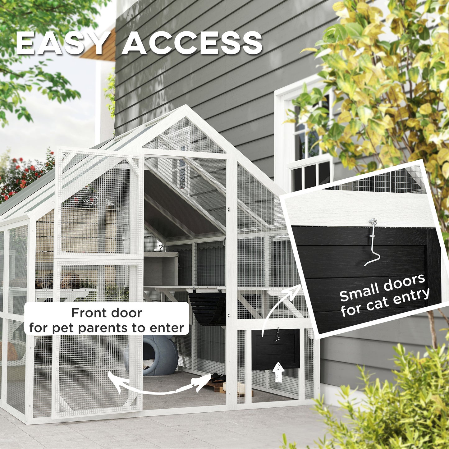 US Local Wooden Catio Outdoor Cat Enclosure With Waterproof Cover, 2 Condos, 6 Platforms, Bridge, Doors, White