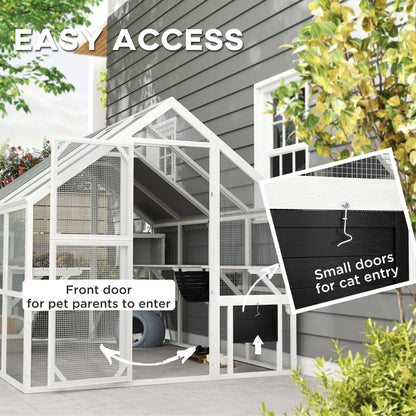 US Local Wooden Catio Outdoor Cat Enclosure With Waterproof Cover, 2 Condos, 6 Platforms, Bridge, Doors, White