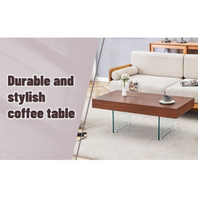 US Local Walnut Colored MDF Coffee Table - 39.3x21.6 With Tempered Glass Legs.Density Board Sticker,Reinforced Glass Legs.Walnut Colored Texture Sticker.