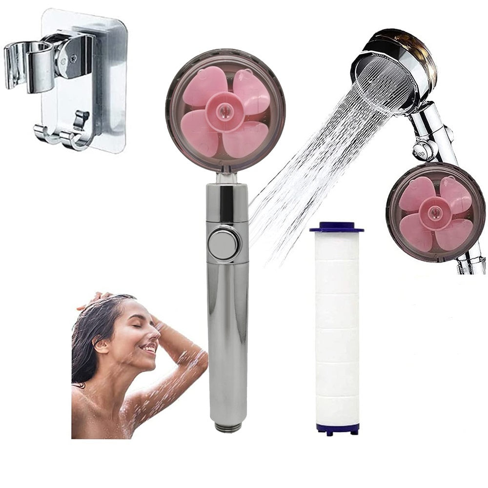 US Local Propeller Driven Shower Head With Stop Button And Cotton Filter Turbocharged High Pressure Handheld Shower Nozzle