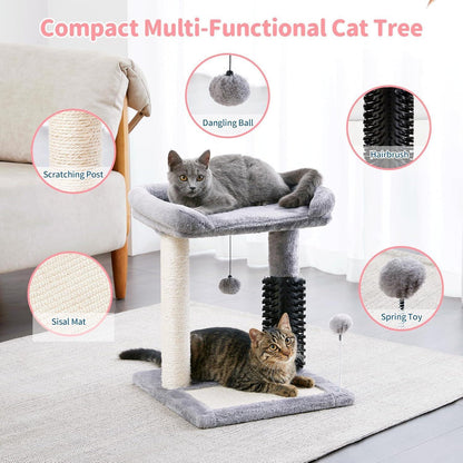 US Local Small 4-in-1 Cat Tree Tower With Self-grooming Brush And Natural Sisal Scratching Post, Soft Plush Cat Bed And Hanging Ball, Suitable For Indoor Kittens