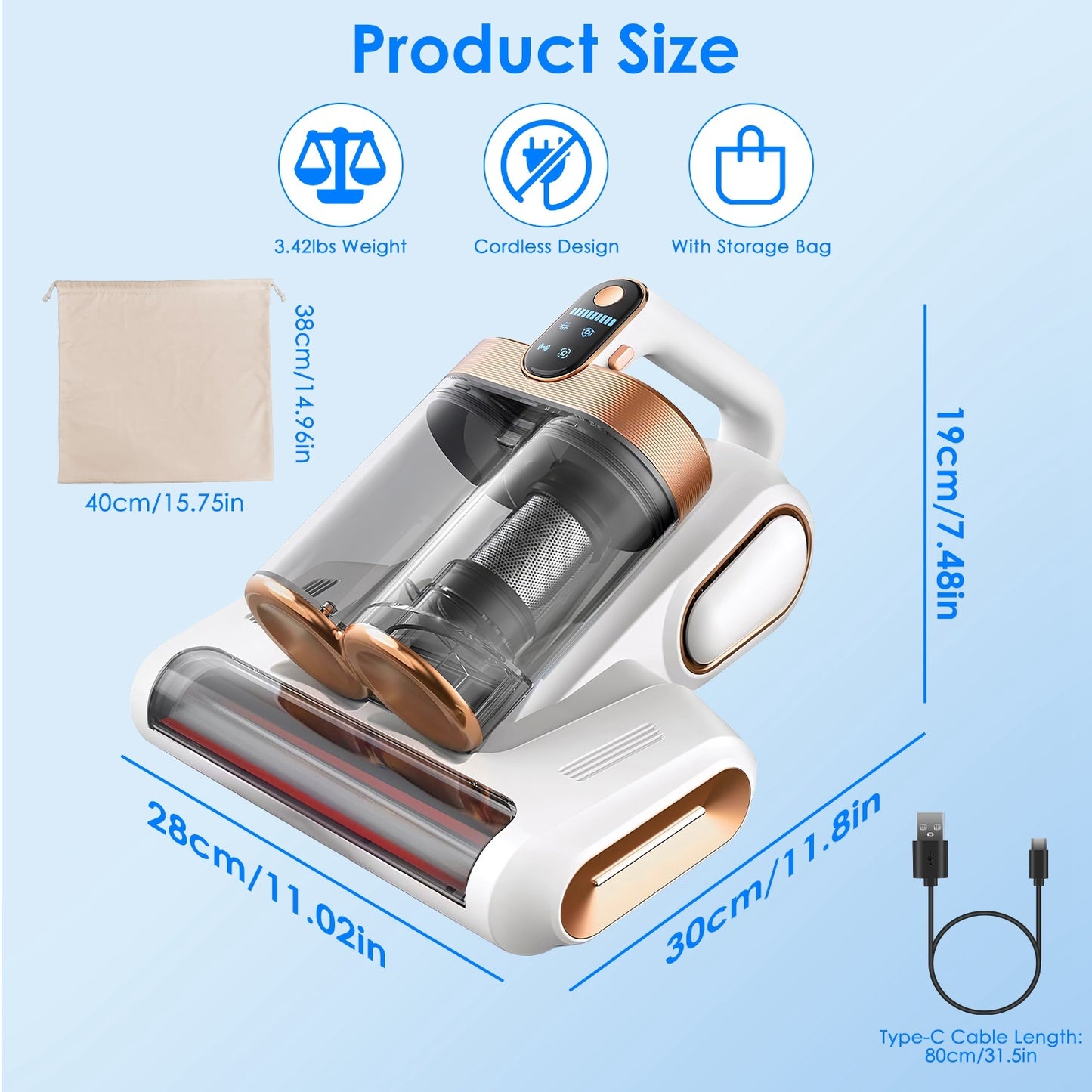 US Local 1Pc Mattress Vacuum Cleaner 16Kpa Bed Vacuum Cleaner Handheld Vacuums With Ultrasonic And UVC Light 18000 RPM Brushroll Rotation Dual Dust Bins Washable Filters For Bed Pillows Cribs Sofa