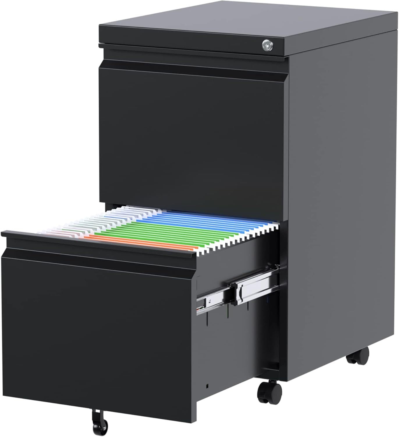 US Local 2 Drawer Vertical File Cabinet With Lock, Mobile Metal Filing Cabinet For Legal Letter Size, Office Storage File Cabinet Under Desk, Fully Assembled Except Wheels, Black