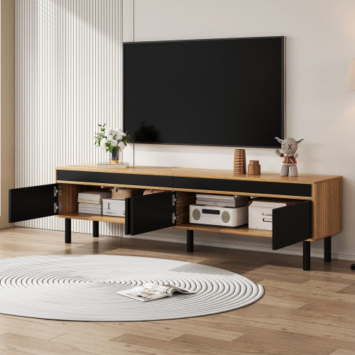 UK Local TV Cabinet, TV Table, TV Panel, Low Cabinet With Four Doors. Fine Texture. Black And Wood Color.