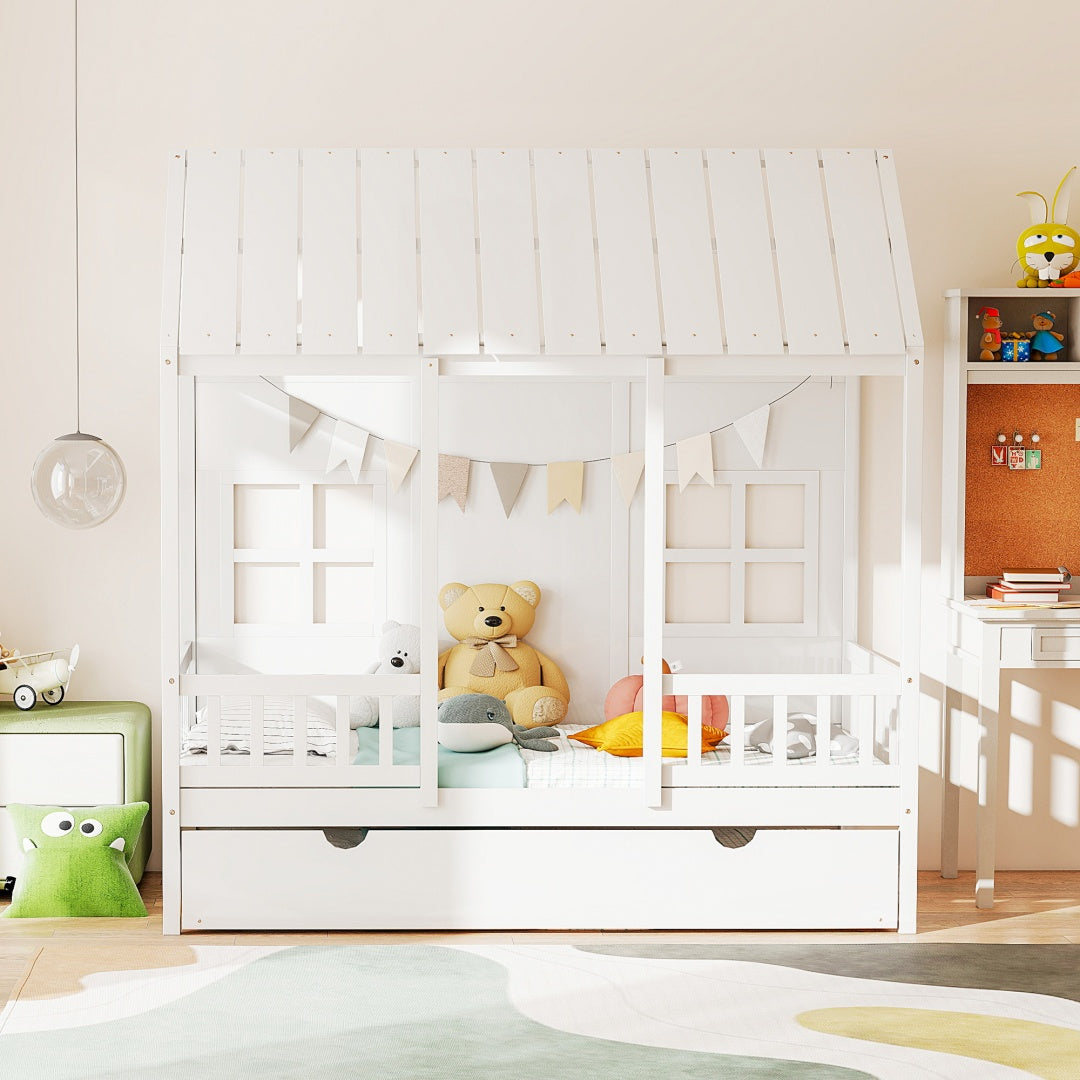 US Local Twin House Bed With Trundle, 77.95'' Wooden Playhouse Bed Frame For Kids With Safety Rails & Window--A-B Combo Sale, Please Do Not Purchase Individually
