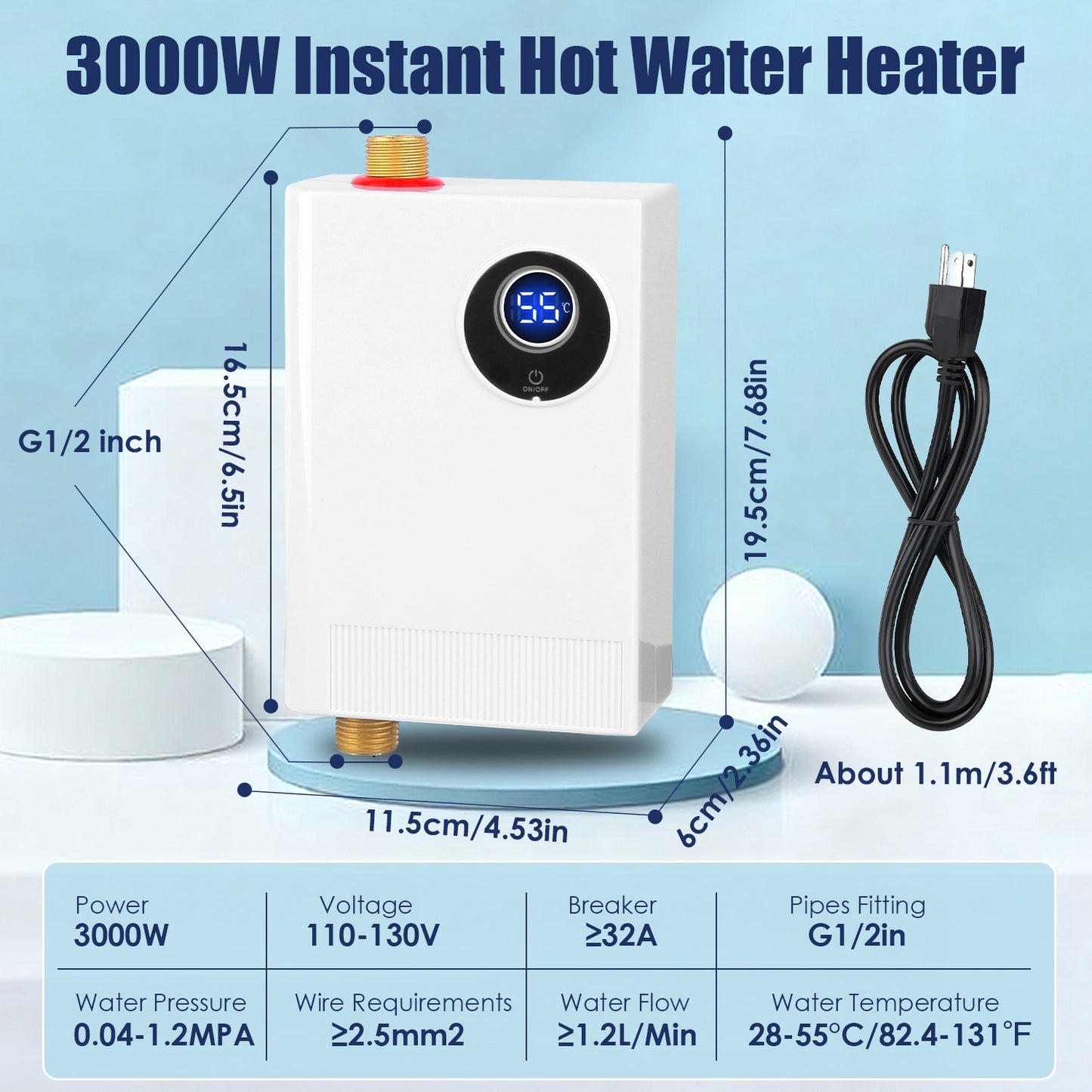 US Local 3000W Electric Tankless Water Heater Instant Mini Hot Water Heater With Digital Display For Kitchen RV Sink Bathroom
