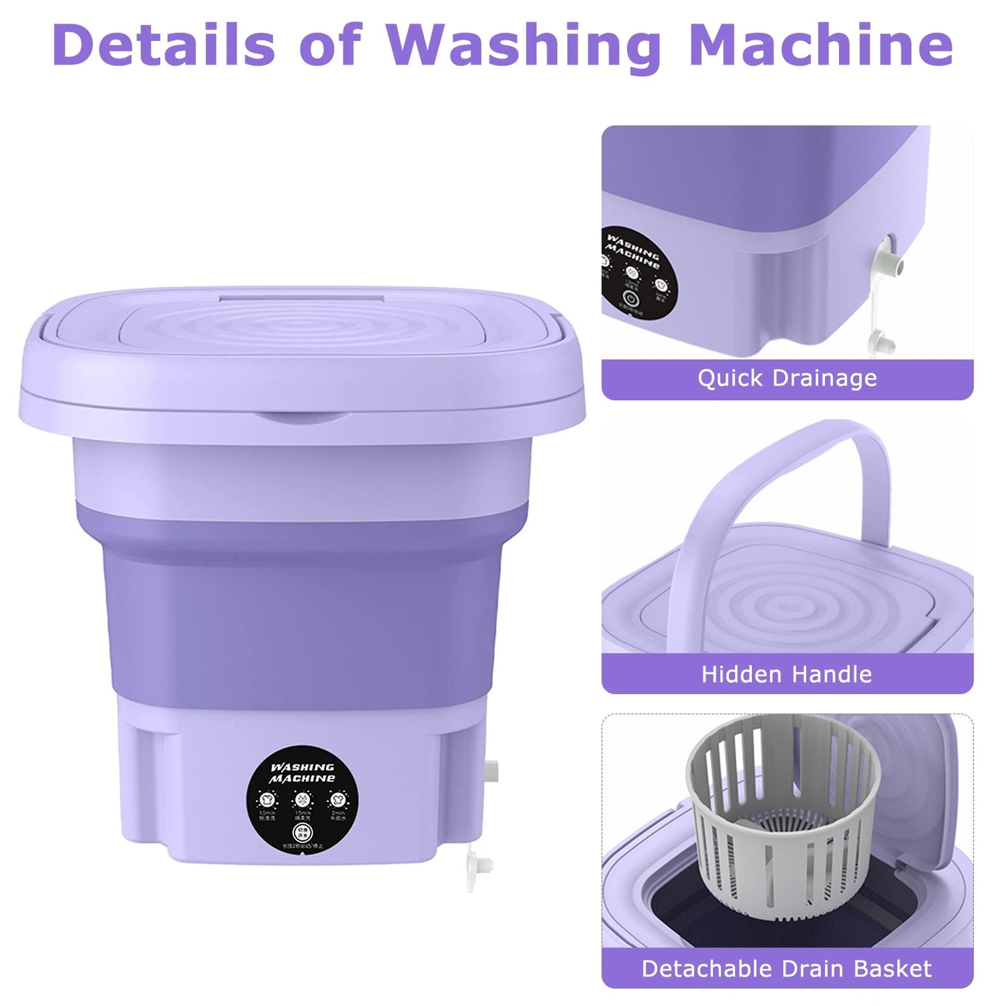 US Local 1Pc Portable Washing Machine Foldable Laundry Machine With Detachable Drain Basket 3 Modes Electric Clothes Washer For Underwear Socks Towels Baby Clothes