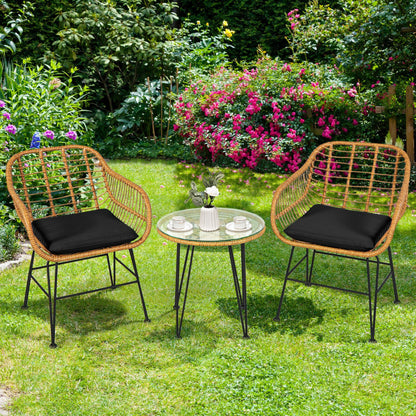 US Local 3 Pieces Rattan Furniture Set With Cushioned Chair Table