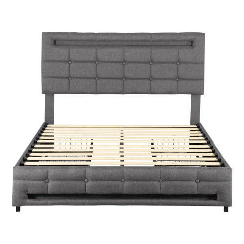 UK Local 4ft6 Double Upholstered Bed With LED Lighting And Storage Drawers, Linen Fabric Storage Bed Frame With Adjustable Button Tufted Headboard, No Box Spring Needed, Easy Assembly, Grey