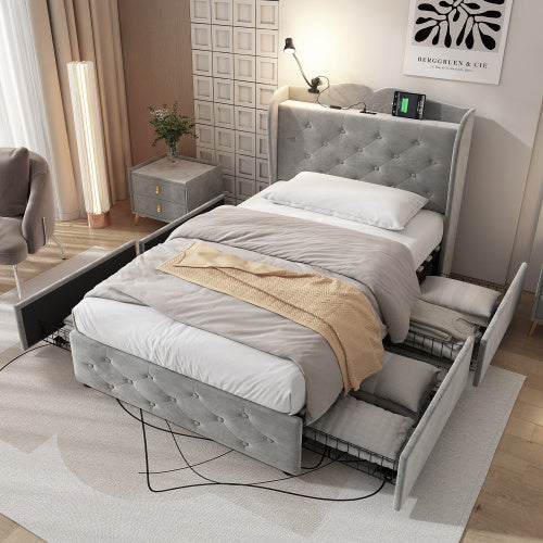 UK Local Upholstered Bed, Storage Bed, 3FT Single Bed 90x190cm, With 4 Drawers And Lamp, 3 USB Port 1 Type C, Durable And Sturdy, Youth Bed, For Adults  Teenagers, Velvet, Grey