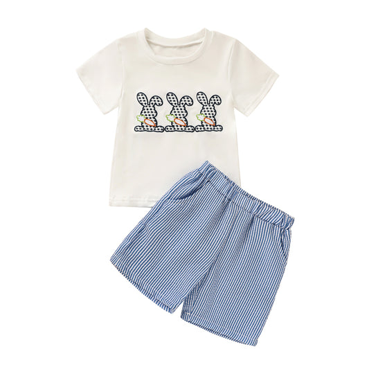 US Local Toddler Casual 2-Piece Set, Bunny & Carrot Embroidered Short Sleeve T-Shirt With Striped Pocket Shorts