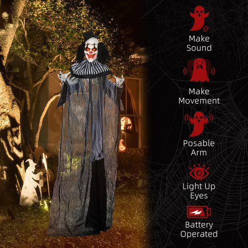 HOMCOM 6 Life Size Outdoor Halloween Decoration, Classic Black And White Striped Clown Animatronic, Sound And Motion Activated Animated Prop With Light Up Eyes  Sounds
