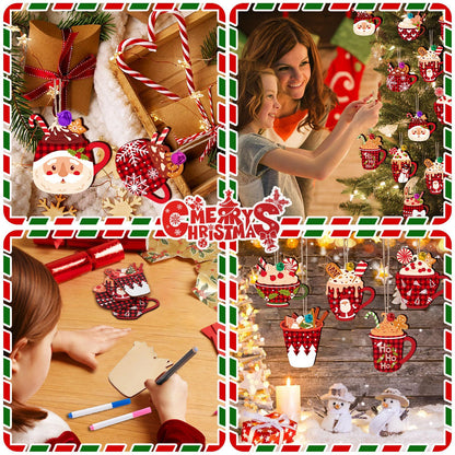 US Local 50 Pieces Christmas Wooden Ornaments Hot Cocoa Blanks Pendants Unfinished Predrilled Wood Buffalo Plaid Coffee Mug Slices Hanging For Xmas Festivals DIY Crafts Decoration, 10 Styles