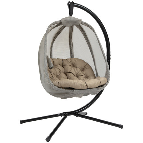 UK Local Outsunny Hanging Egg Chair, Folding Texteline Swing Hammock With Side Pocket, Cushion And Stand For Indoor Outdoor, Patio Garden Furniture, Khaki