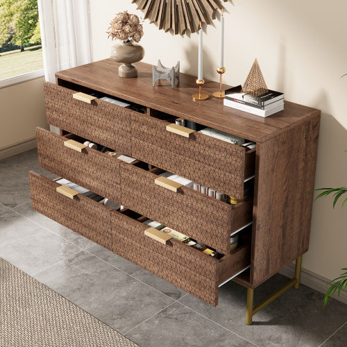 UK Local Embossed Design Sideboard Cabinet Dresser With 6 Drawers, Anti-tip, Sideboard For Living Room, Hallway, Bedroom, And Children's Room, 120 X 40 X 75 Cm, Walnut