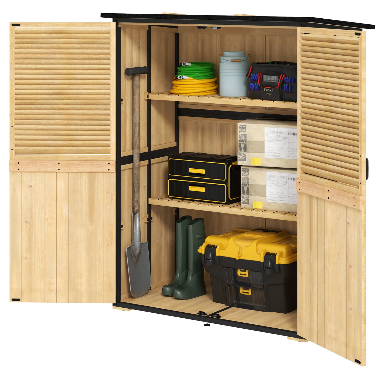 US Local Wood Storage Shed, Outdoor Garden Shed With Asphalt Roof, 2 Shelves, Lockable Doors And Adjustable Feet, Natural