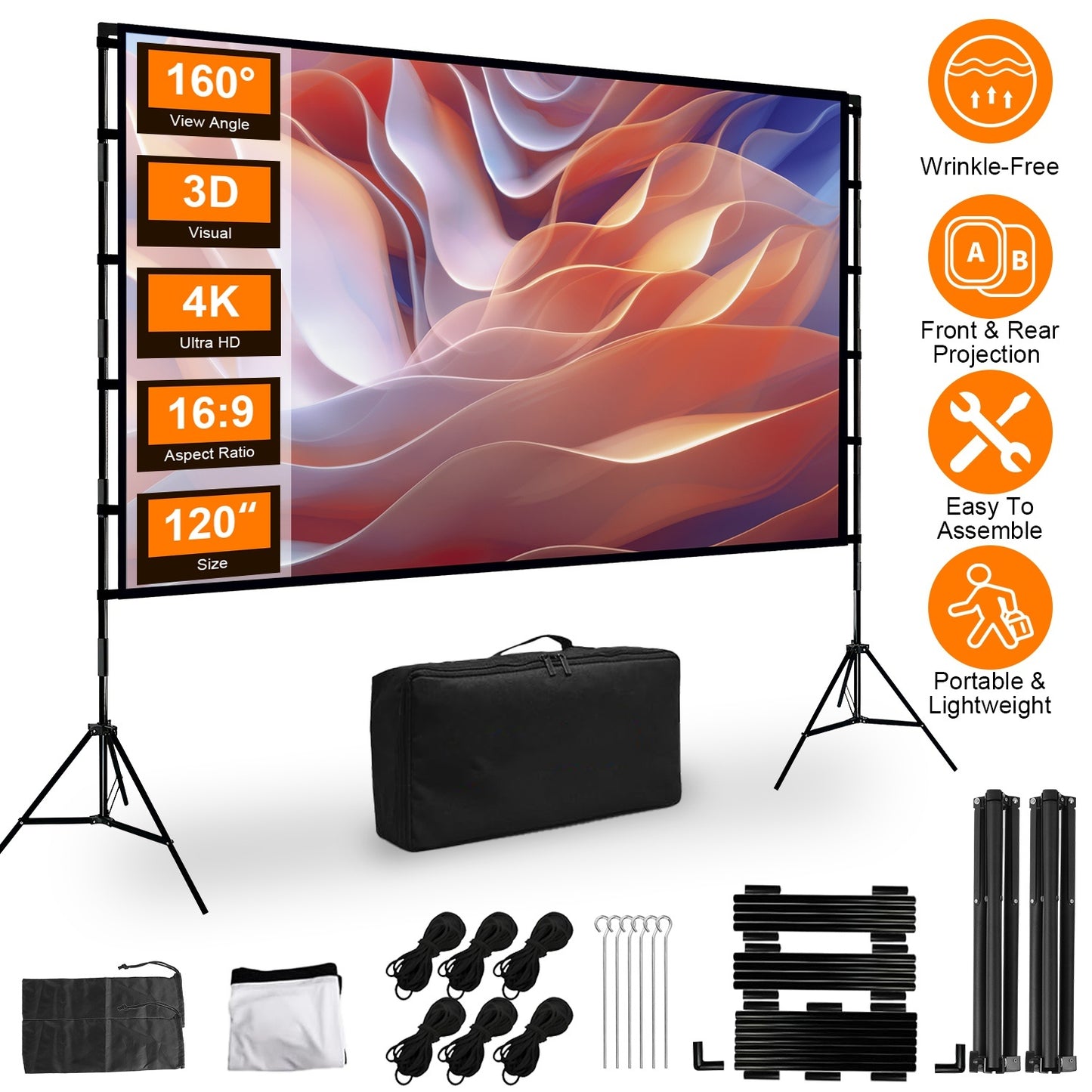 US Local 1Pc 120inch Or 100inch Projector Screen With Stand 16 9 4K HD Rear Front Wrinkle Free Portable And Foldable Movie Screen With Carry Bag For Indoor Outdoor Home Theater Backyard Cinema