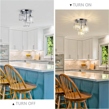 US Local Semi Flush Mount Ceiling,3-Light Kitchen Mount,Hallway Light Fixtures Ceiling With Clear Crystal Sha