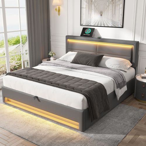 UK Local Upholstered Bed 135 X 190 Cm,Double Bed-4ft6,with USB Port Supports Wireless And Wired Charging, With LED Lighting And Storage Space, Without Mattress, PU-Lychee Design, Gray