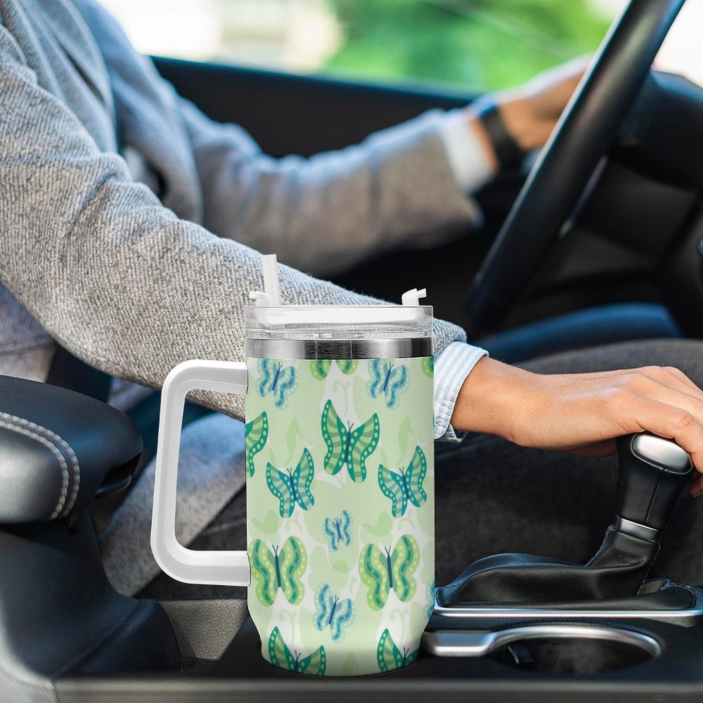 PHDT00519 POD US Local Tumbler 40oz Large Capacity Car Cup Butterfly Green