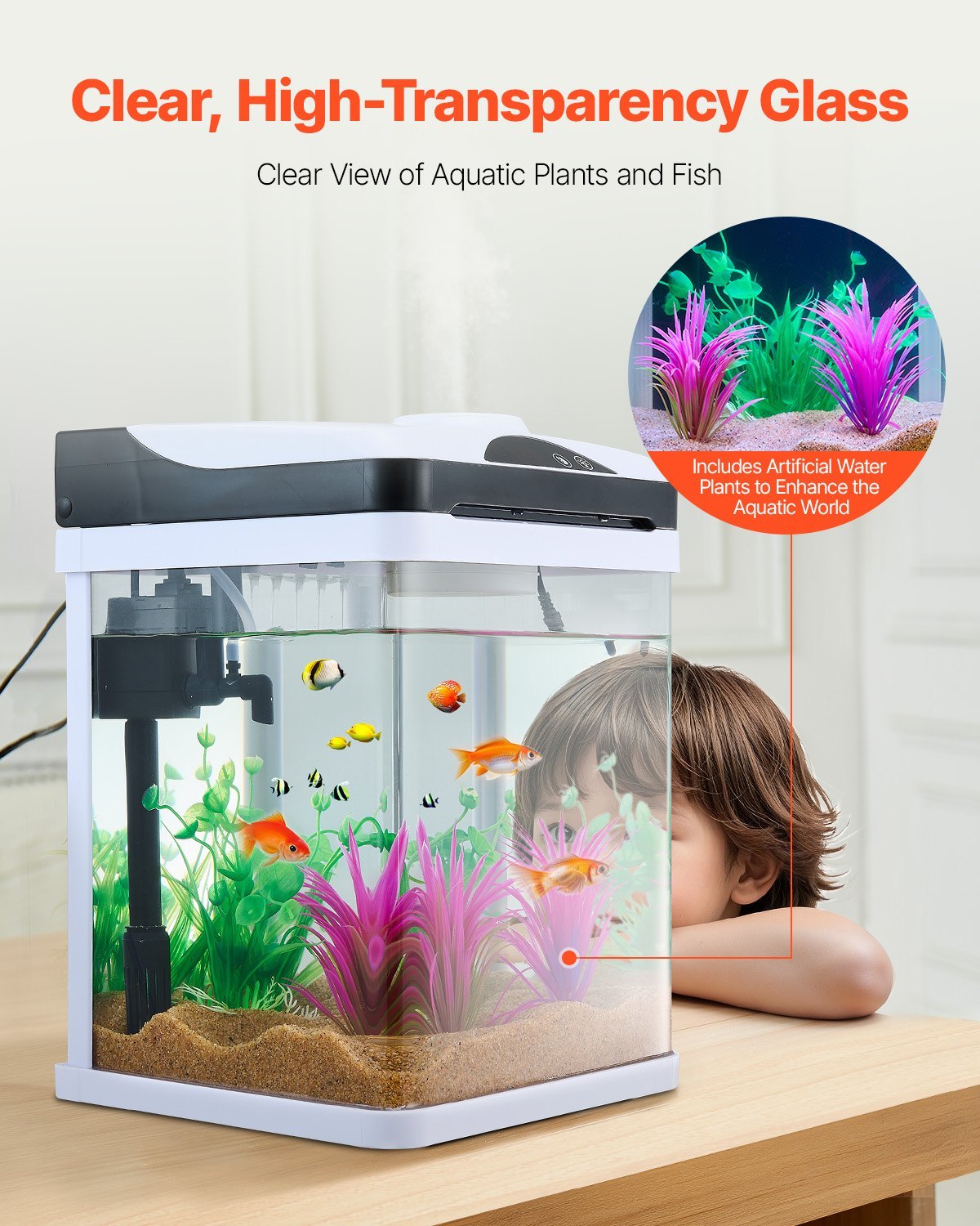 US Local 2 Gallon Fish Tank Aquarium LED Smart Square Clear Glass 7 Color Self Cleaning