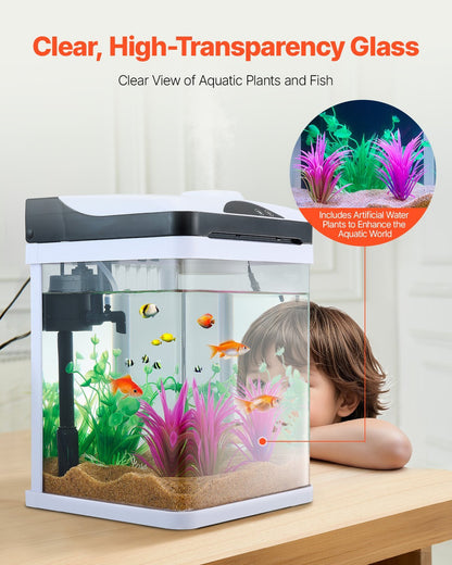 US Local 2 Gallon Fish Tank Aquarium LED Smart Square Clear Glass 7 Color Self Cleaning