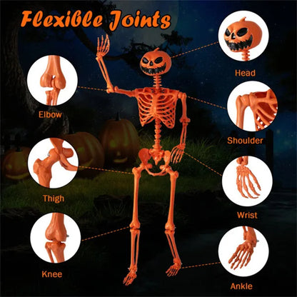 US Local 5.5ft Life-Size Halloween Skeleton With Pumpkin Head - Orange Color, Fully Poseable Joints Jaw Shoulders Knees , PP PE Material