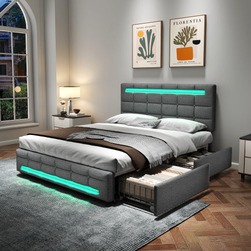 UK Local 4ft6 Double Upholstered Bed With LED Lighting And Storage Drawers, Linen Fabric Storage Bed Frame With Adjustable Button Tufted Headboard, No Box Spring Needed, Easy Assembly, Grey