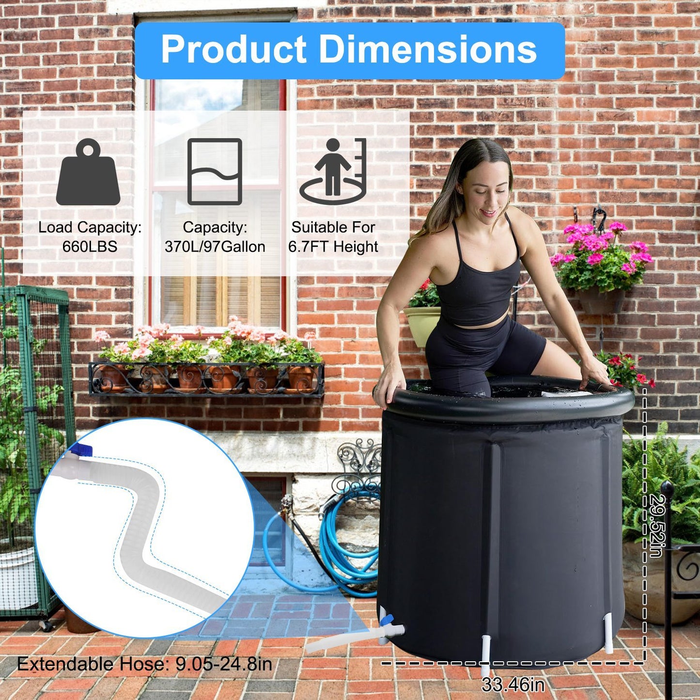 US Local 1Pc 97Gal Large Size Ice BathTub With Cover For Adults Athletes Recovery Cold Water Therapy Outdoor Portable Cold Plunge Tub 660LBS Load Capacity 33.46x33.46x29.52in